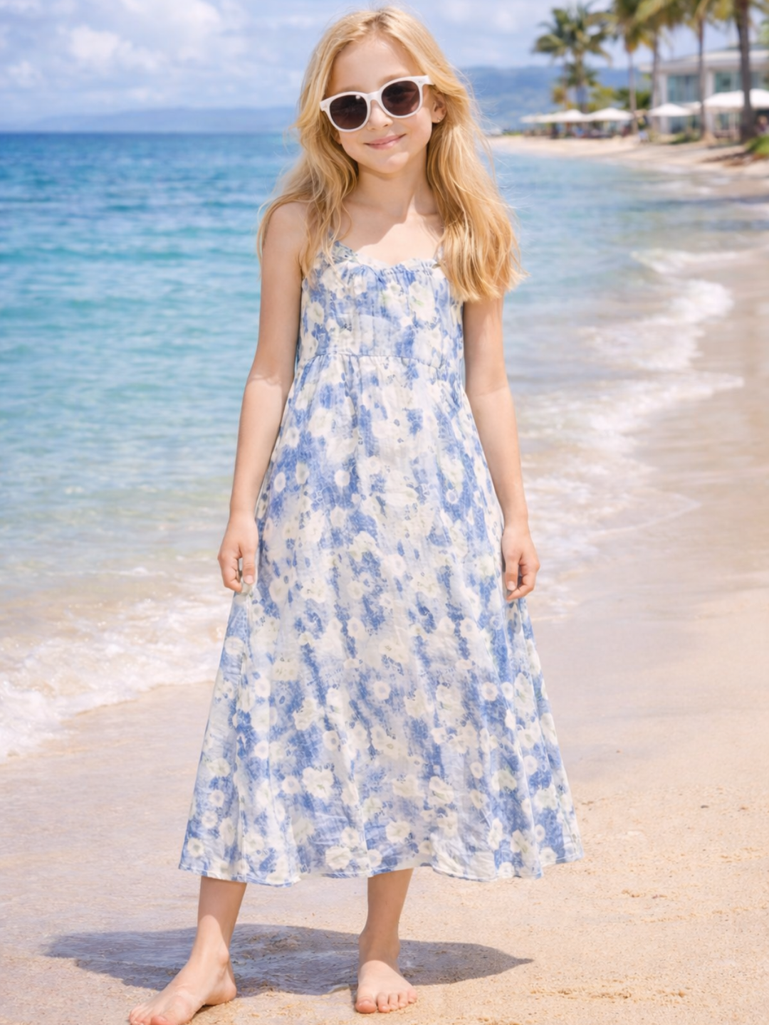 Family Matching Sweetest Summer Floral Vacation Outfit Blue / Girls-24MON