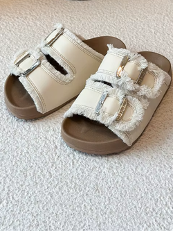 Cozy Double Strap Shearling Cork Slide Sandals