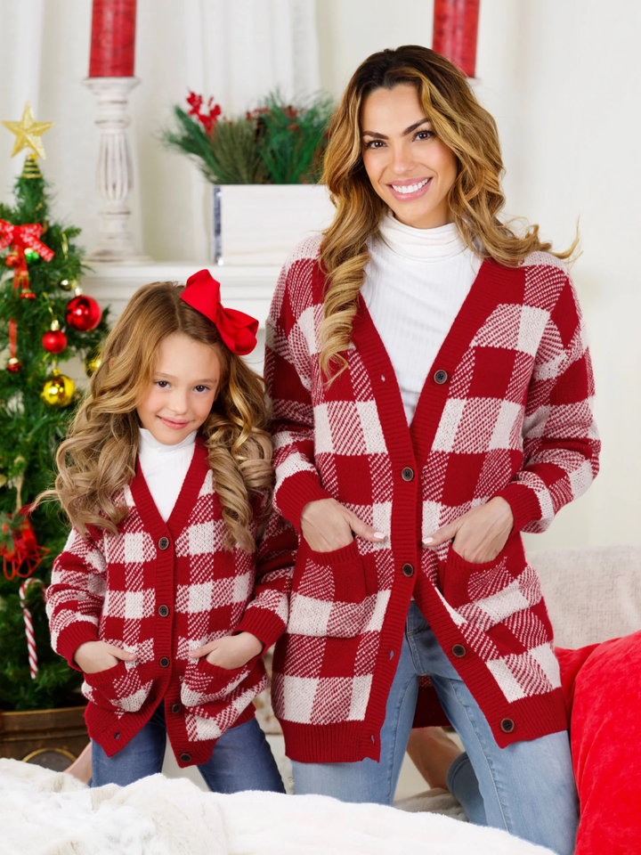 Mommy and Me Burgundy and White Checkered Oversized Cardigan Mia Belle Girls