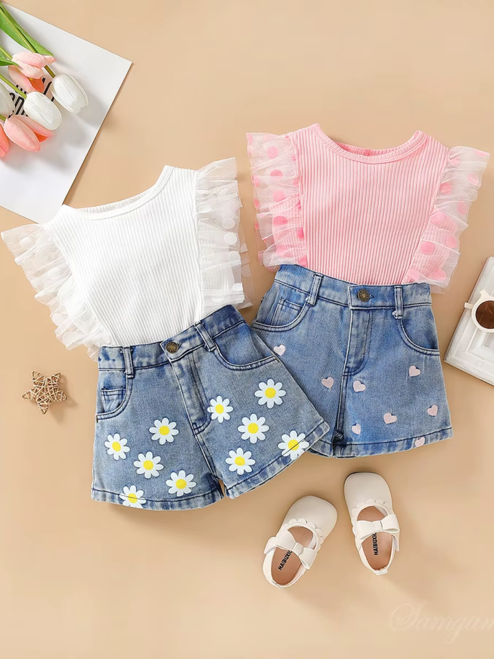 Daisy Dream Flutter Sleeve Top and Denim Short Set