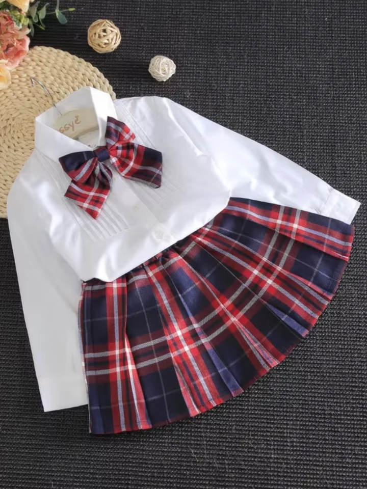 Preppy Plaid Bow Top & Pleated Skirt Set Mia Belle Girls