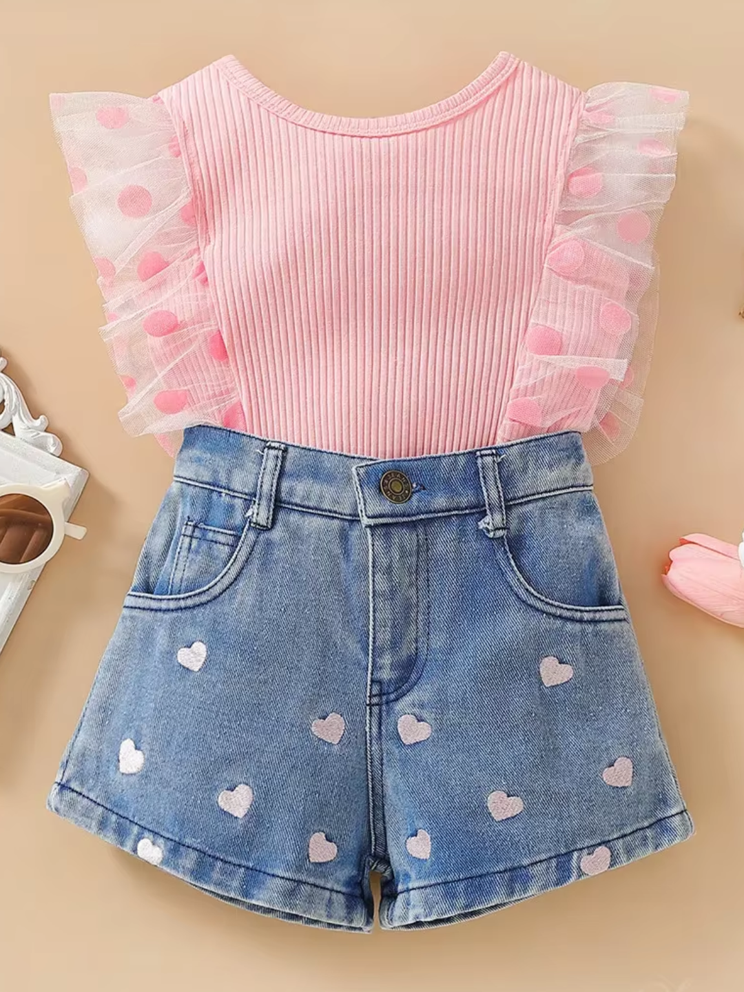 Daisy Dream Flutter Sleeve Top and Denim Short Set