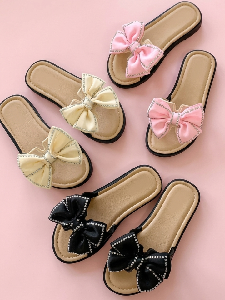 girls bow slide sandals pink beige black summer shoes