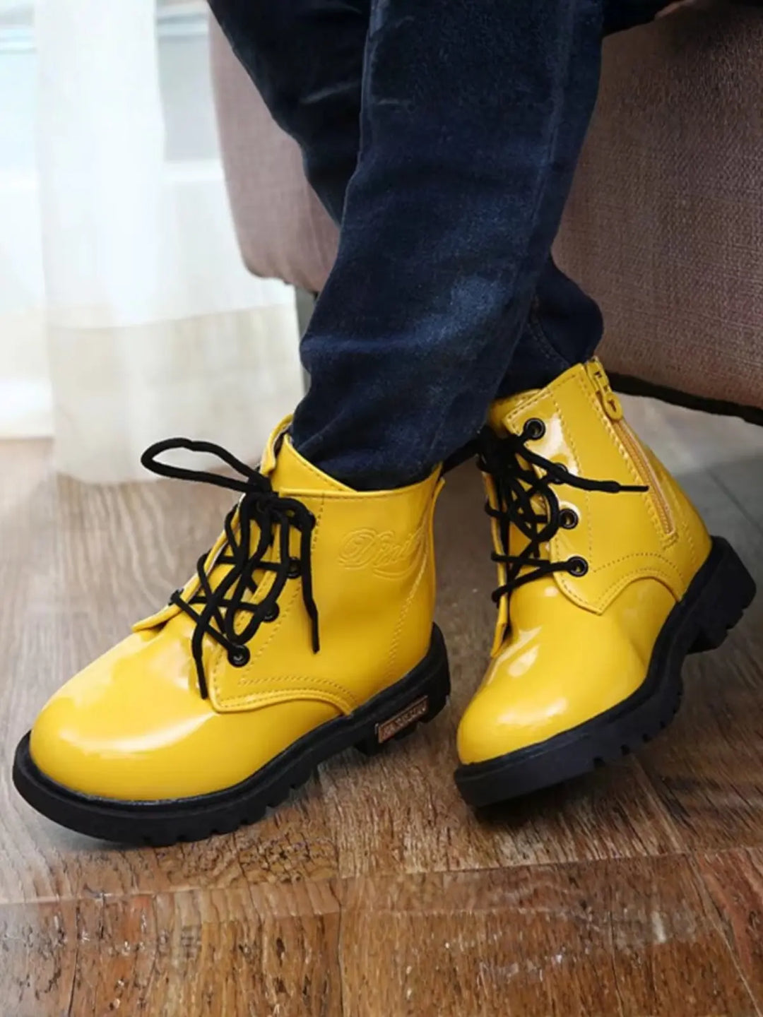 Yellow Patent Synthetic Leather Boots By Liv and Mia Mia Belle Girls