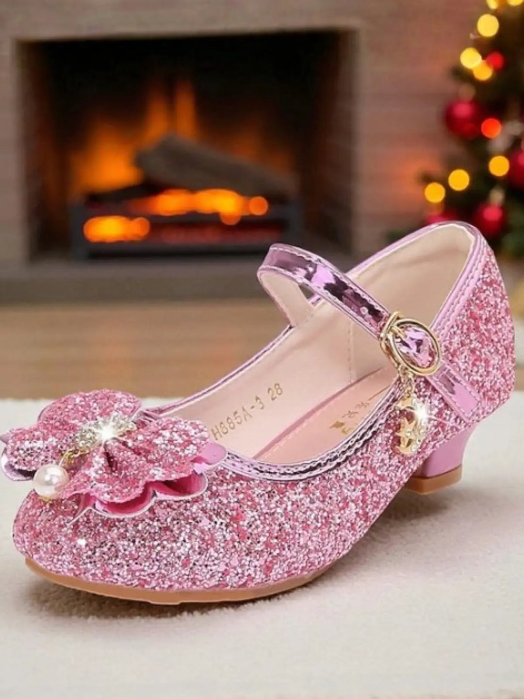 Pearl Embellished Bow Tie Mary Jane Glitter Princess Shoes By Liv and Mia Pink / 11.5