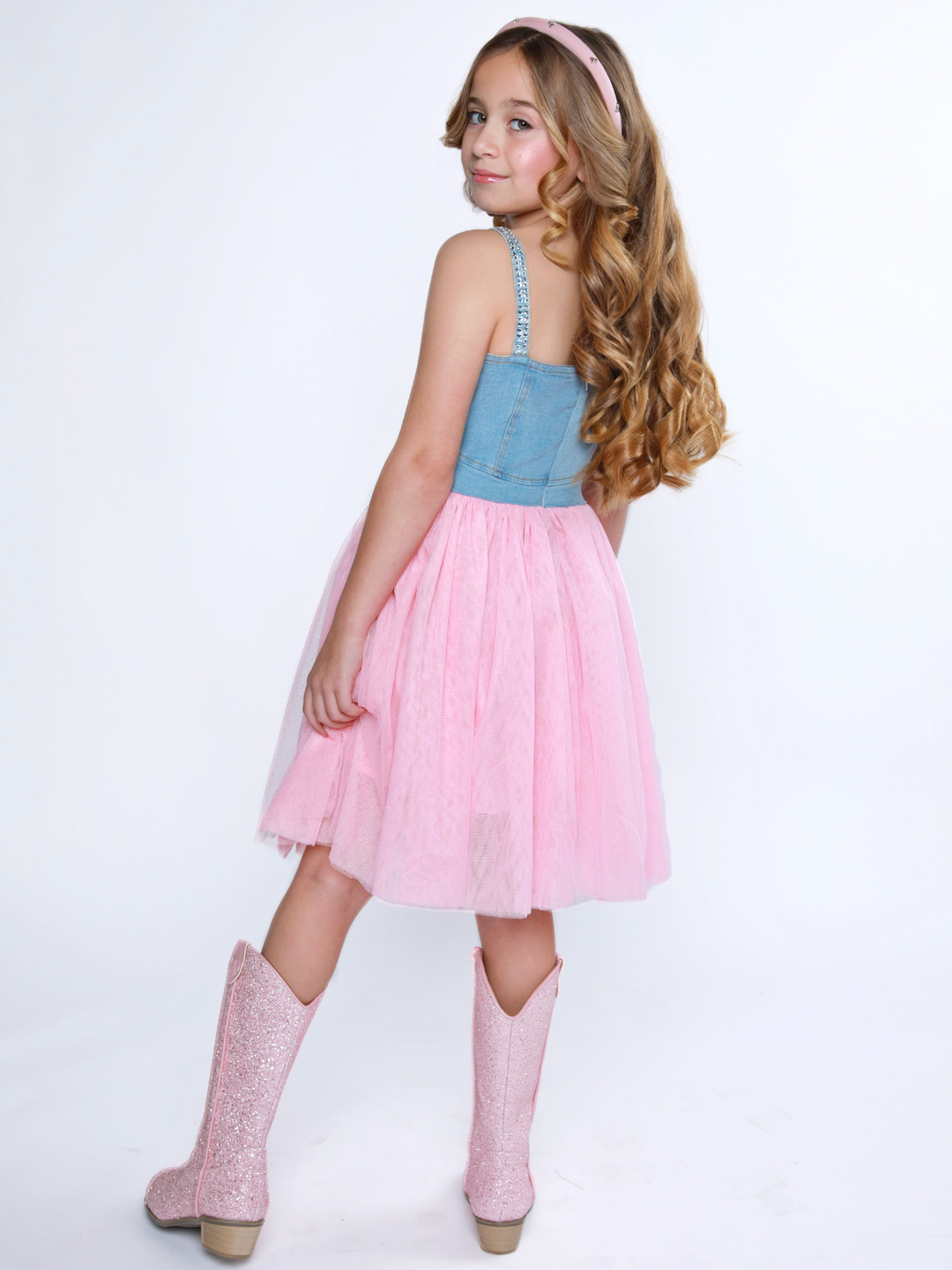 Sparkle Denim Bow Tulle Dress Pink / 7/8