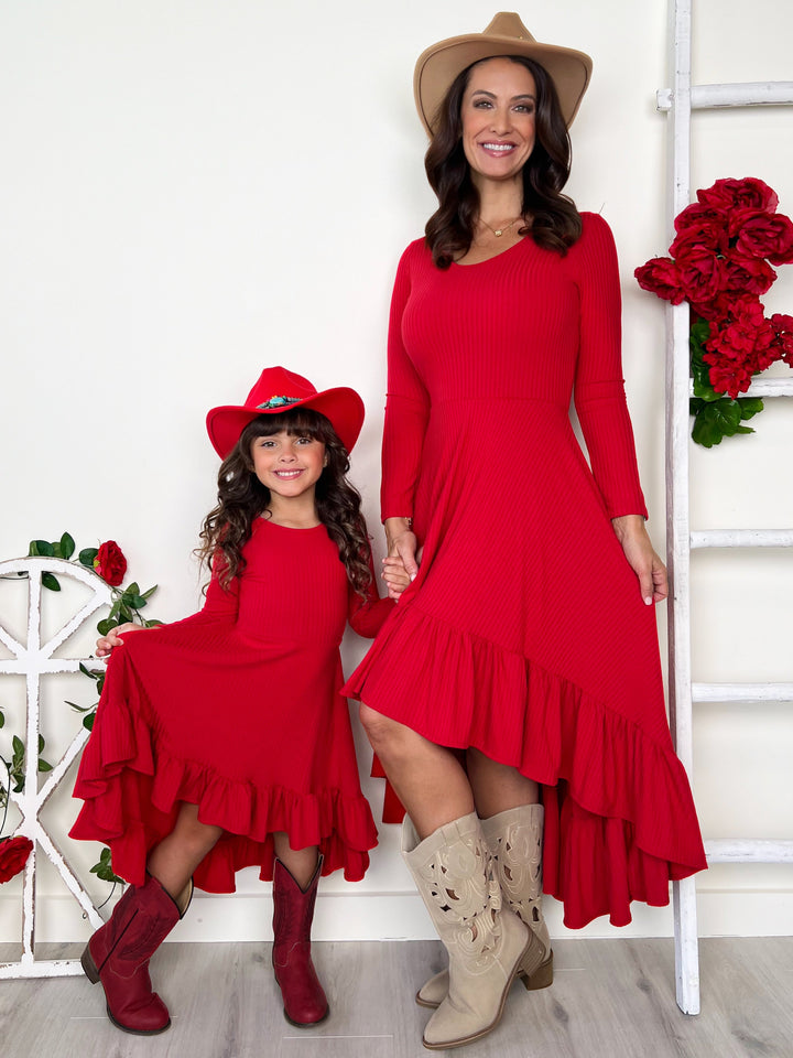 Mommy and Me Red Ruffled Rib Hi-Lo Twirl Dress Mia Belle Girls