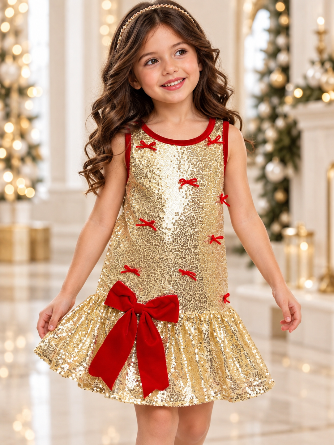 Gold Sequin Bow Christmas Drop Waist Dress
