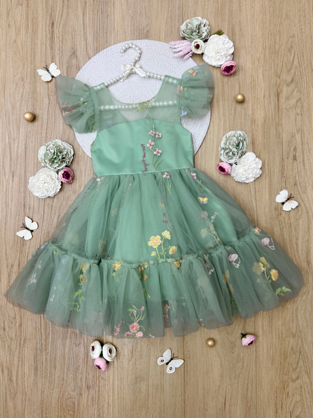 Emerald Fairy Garden Embroidered Tulle Dress