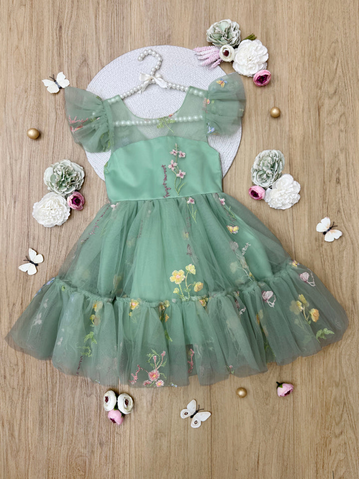 Emerald Fairy Garden Embroidered Tulle Dress