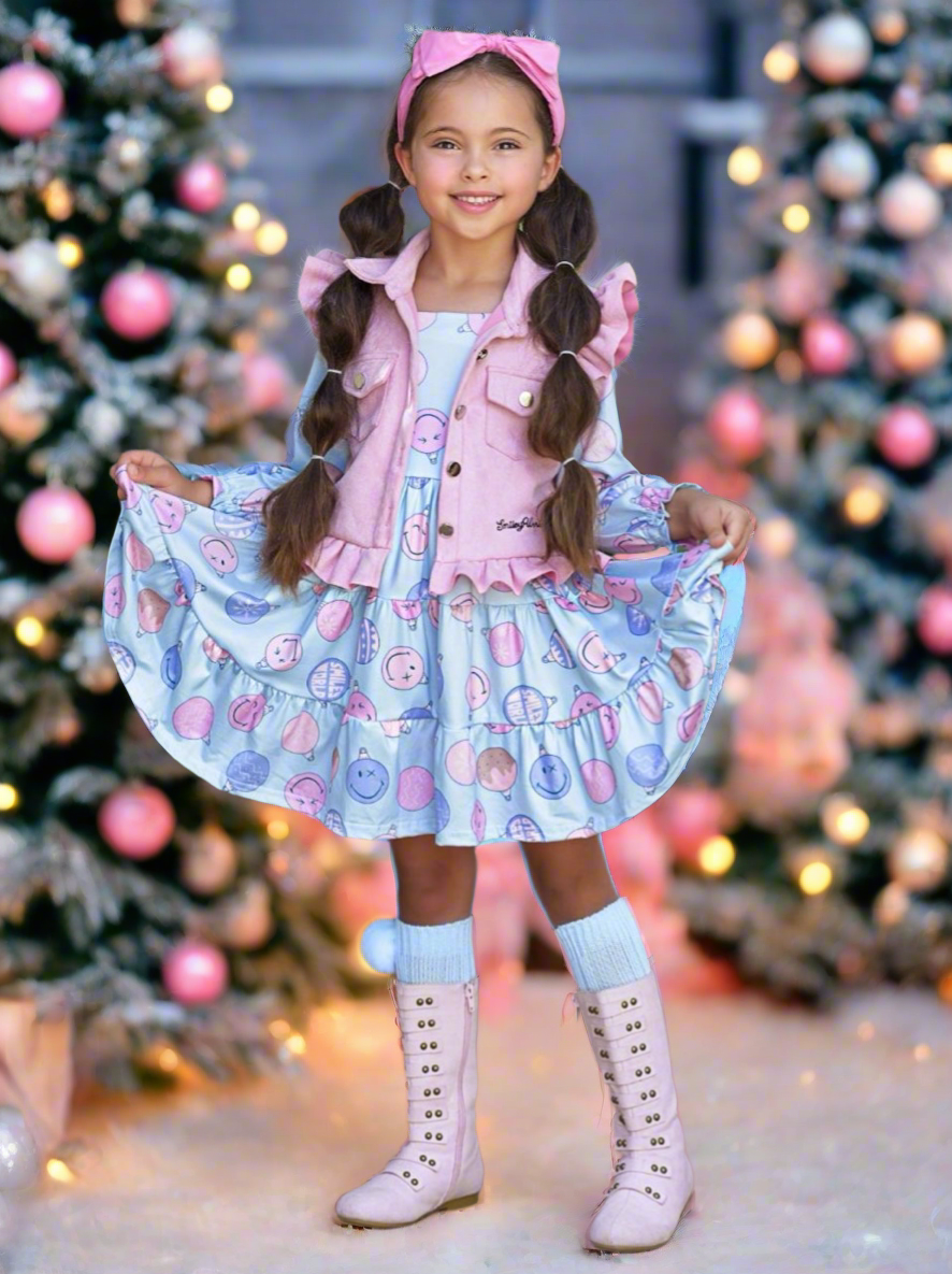 SmileyWorld Feeling Festive Faux Suede Vest and Dress Set Mia Belle Girls