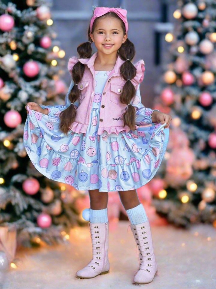 SmileyWorld Feeling Festive Faux Suede Vest and Dress Set Mia Belle Girls