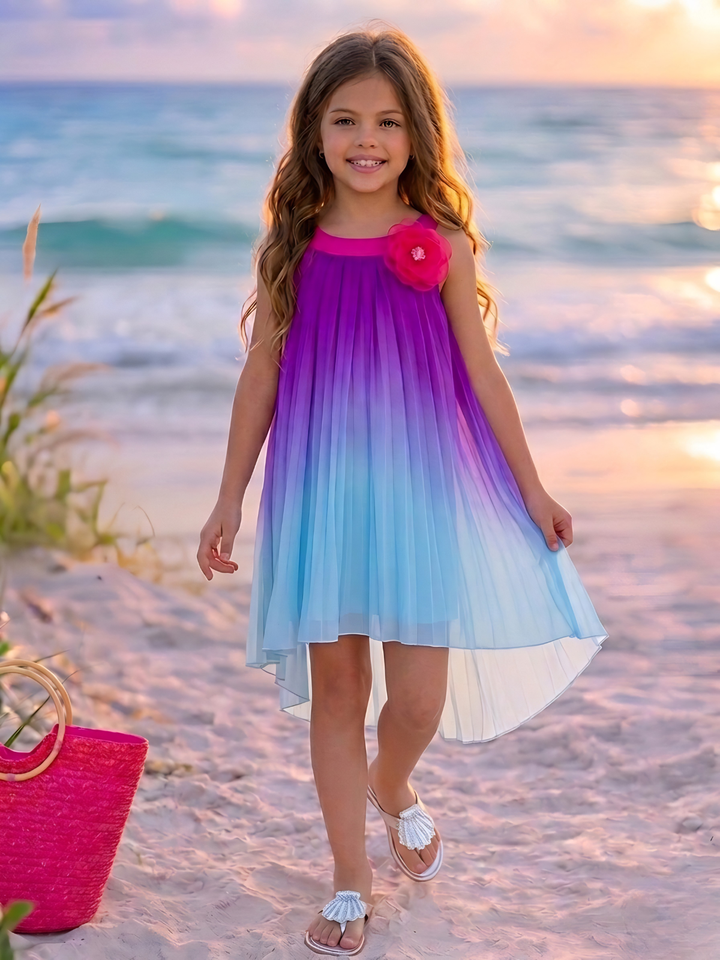 Ocean Sunset Ombre Pleated Hi-Lo Dress Mia Belle Girls