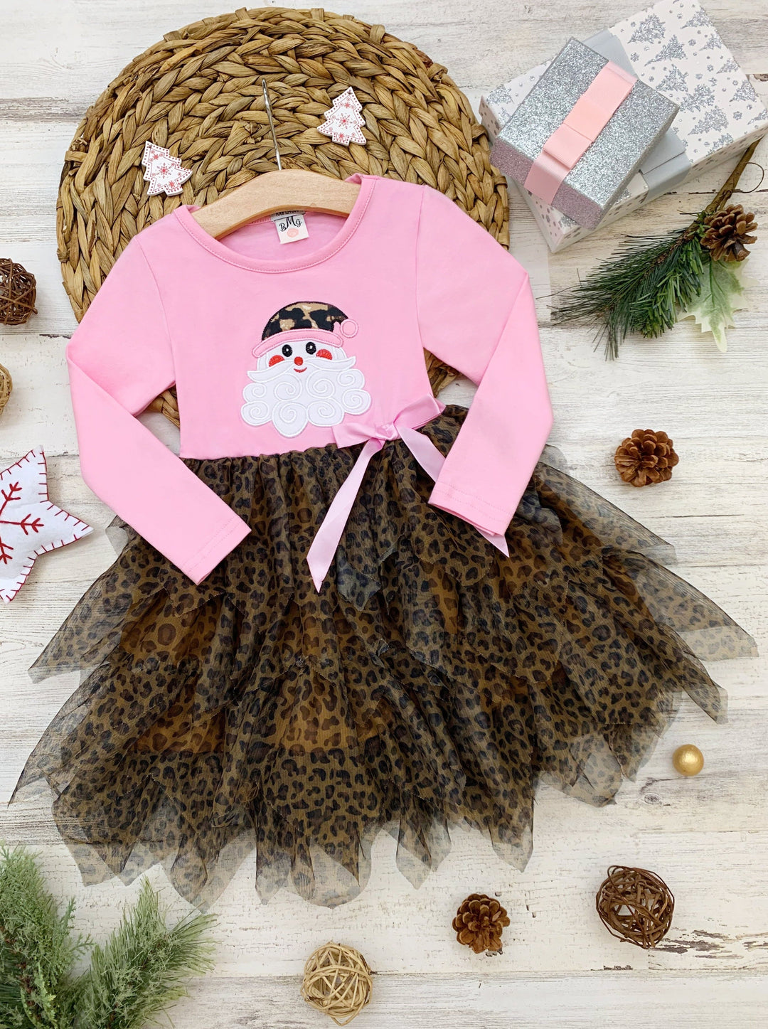 Girls Winter Dress | Santa Leopard Print Tutu Dress