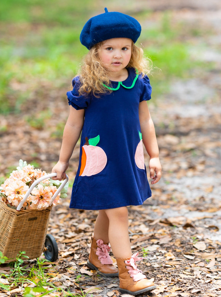 Girls Fall Pumpkin Patch Chambray A-Line Dress - Mia Belle Girls 