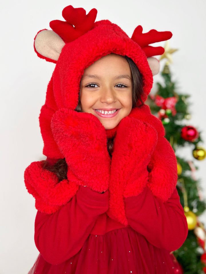 Girls Red Nosed Reindeer Hooded Pocket Scarf Mia Belle Girls
