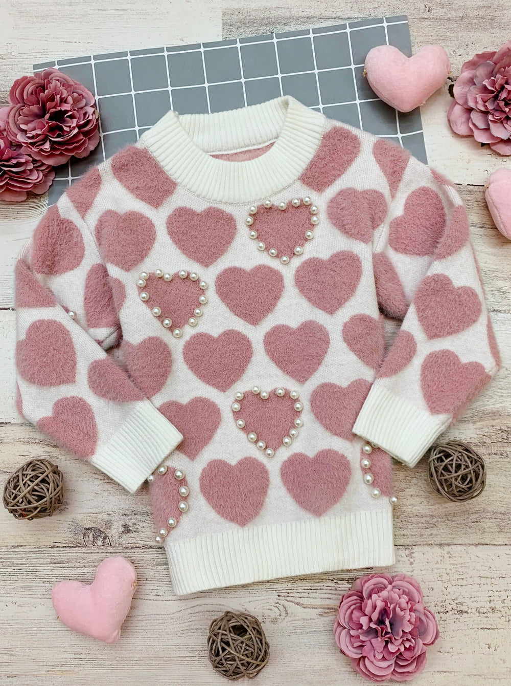 Kids Sweaters | Girls Pearl Heart Knit Sweater | Mia Belle Girls 