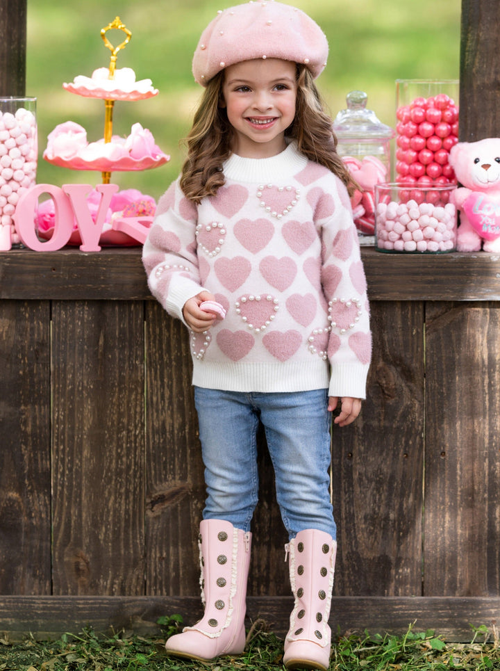 Kids Sweaters | Girls Pearl Heart Knit Sweater | Mia Belle Girls 