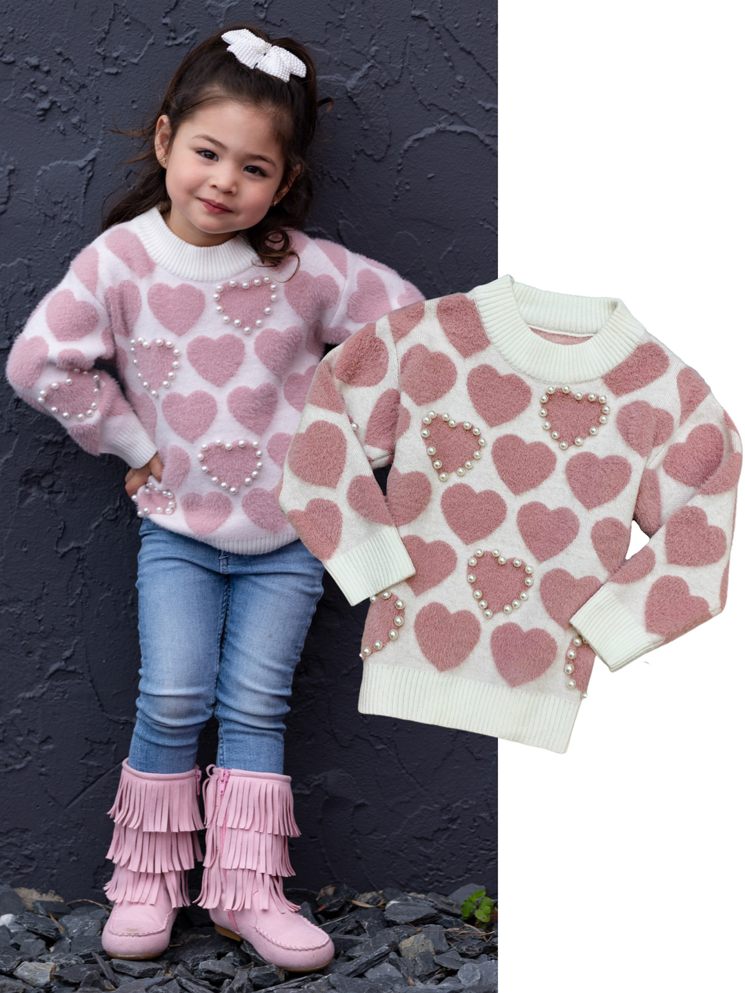 Kids Sweaters | Girls Pearl Heart Knit Sweater | Mia Belle Girls 