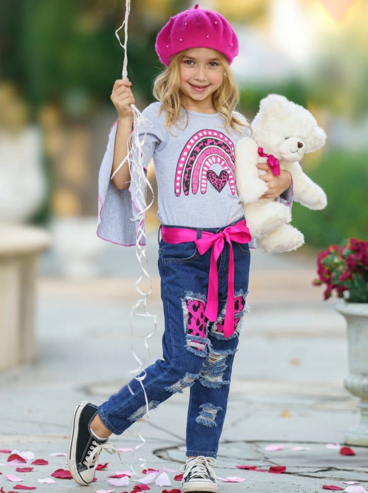 Kids Valentine's Clothes | Girls Bell Sleeve Top & Patched Jeans Set