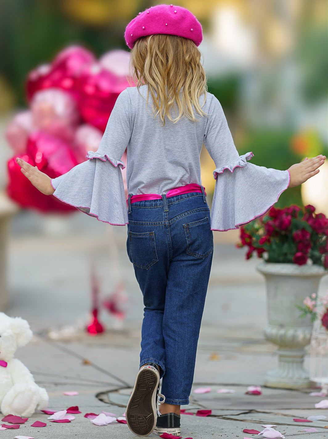 Kids Valentine's Clothes | Girls Bell Sleeve Top & Patched Jeans Set