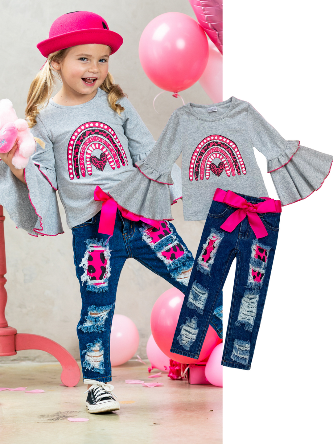 Kids Valentine's Clothes | Girls Bell Sleeve Top & Patched Jeans Set