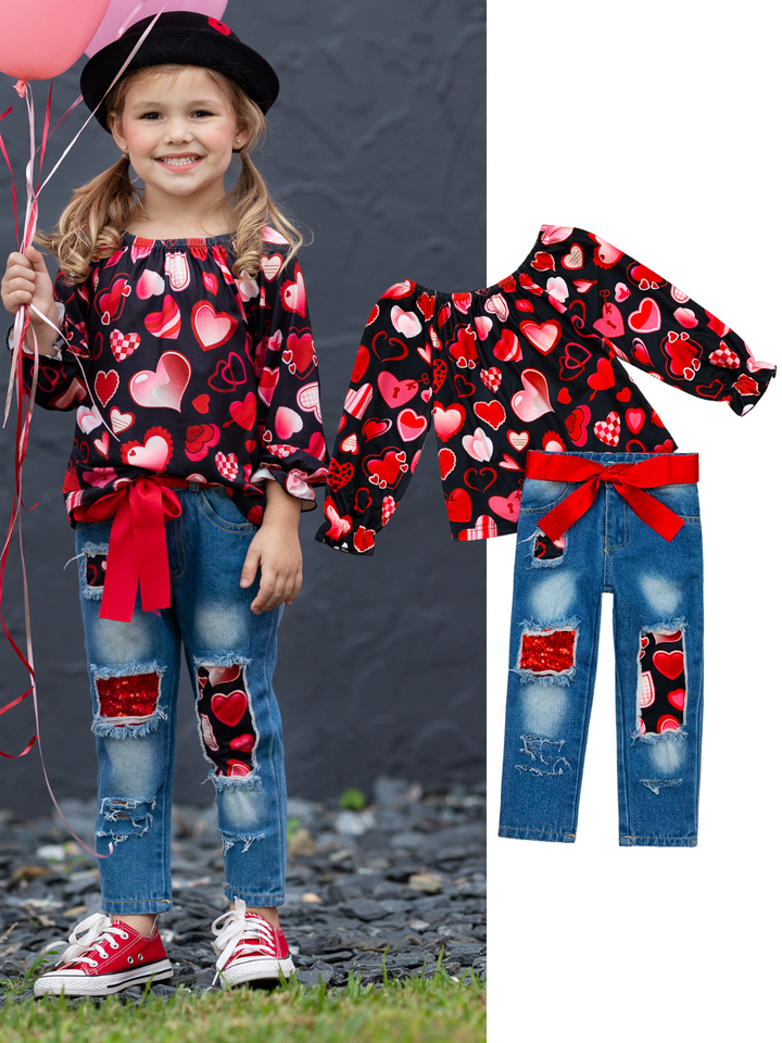 Toddler Valentine's Day Outfit | Girls Heart Print Patched Denim Set 