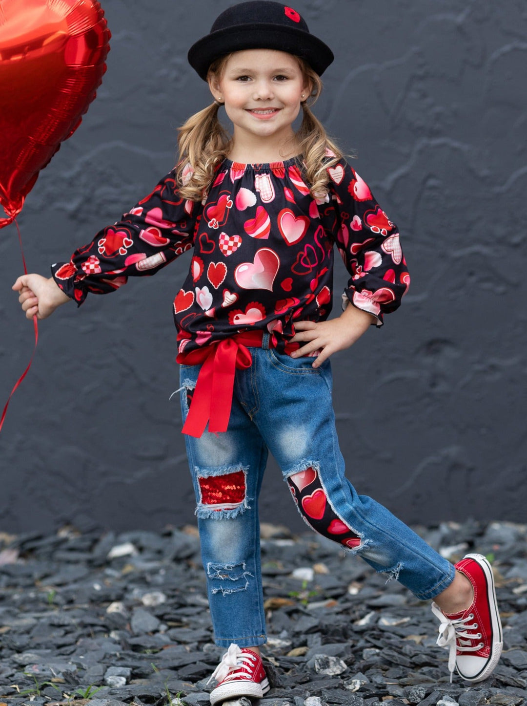 Toddler Valentine's Day Outfit | Girls Heart Print Patched Denim Set 