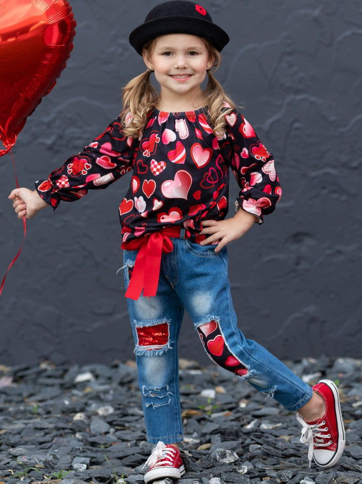 Toddler Valentine's Day Outfit | Girls Heart Print Patched Denim Set 