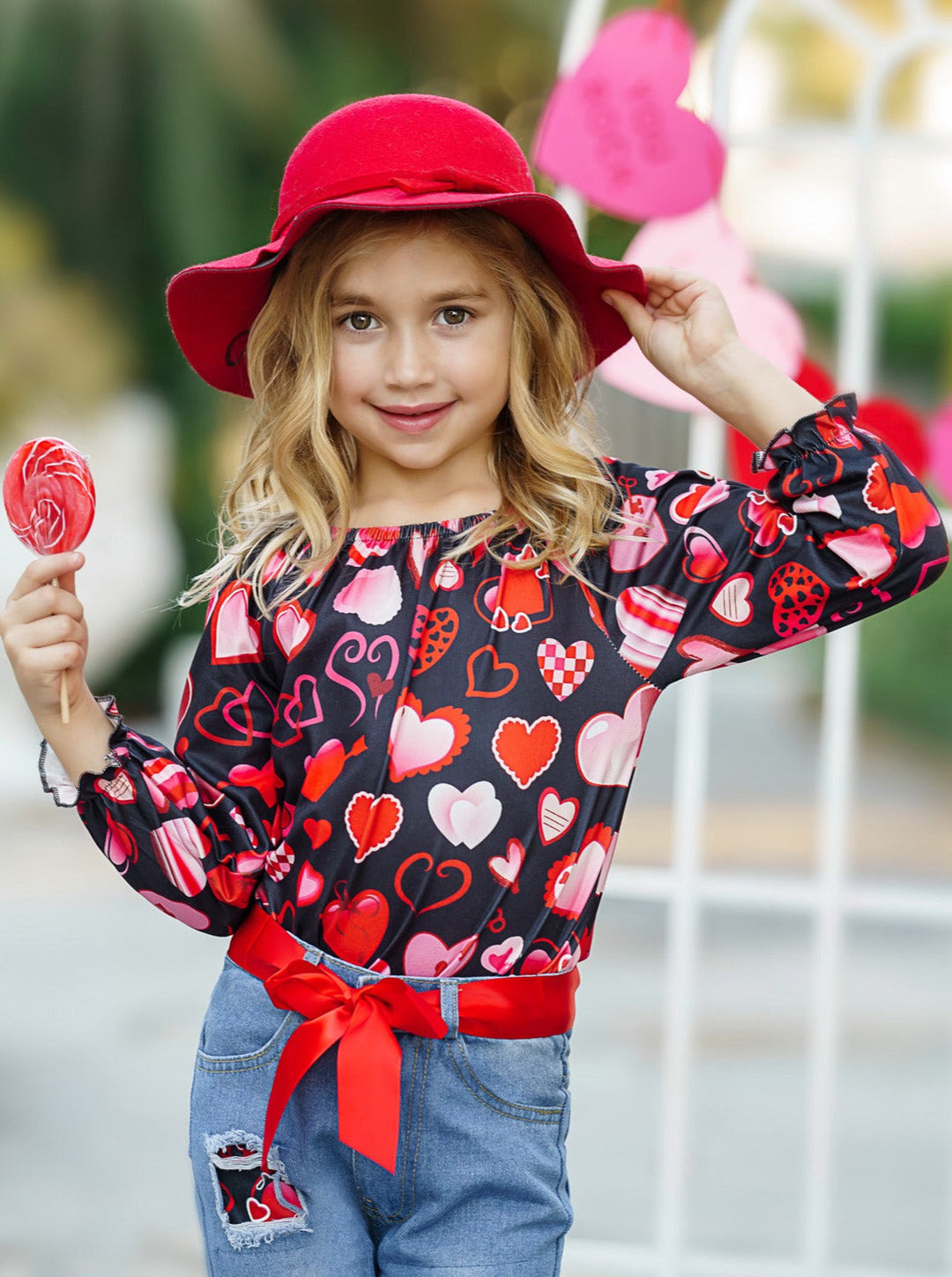 Toddler Valentine's Day Outfit | Girls Heart Print Patched Denim Set 