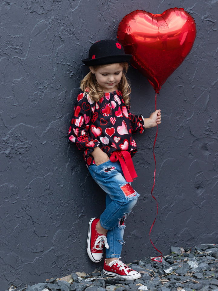 Toddler Valentine's Day Outfit | Girls Heart Print Patched Denim Set 