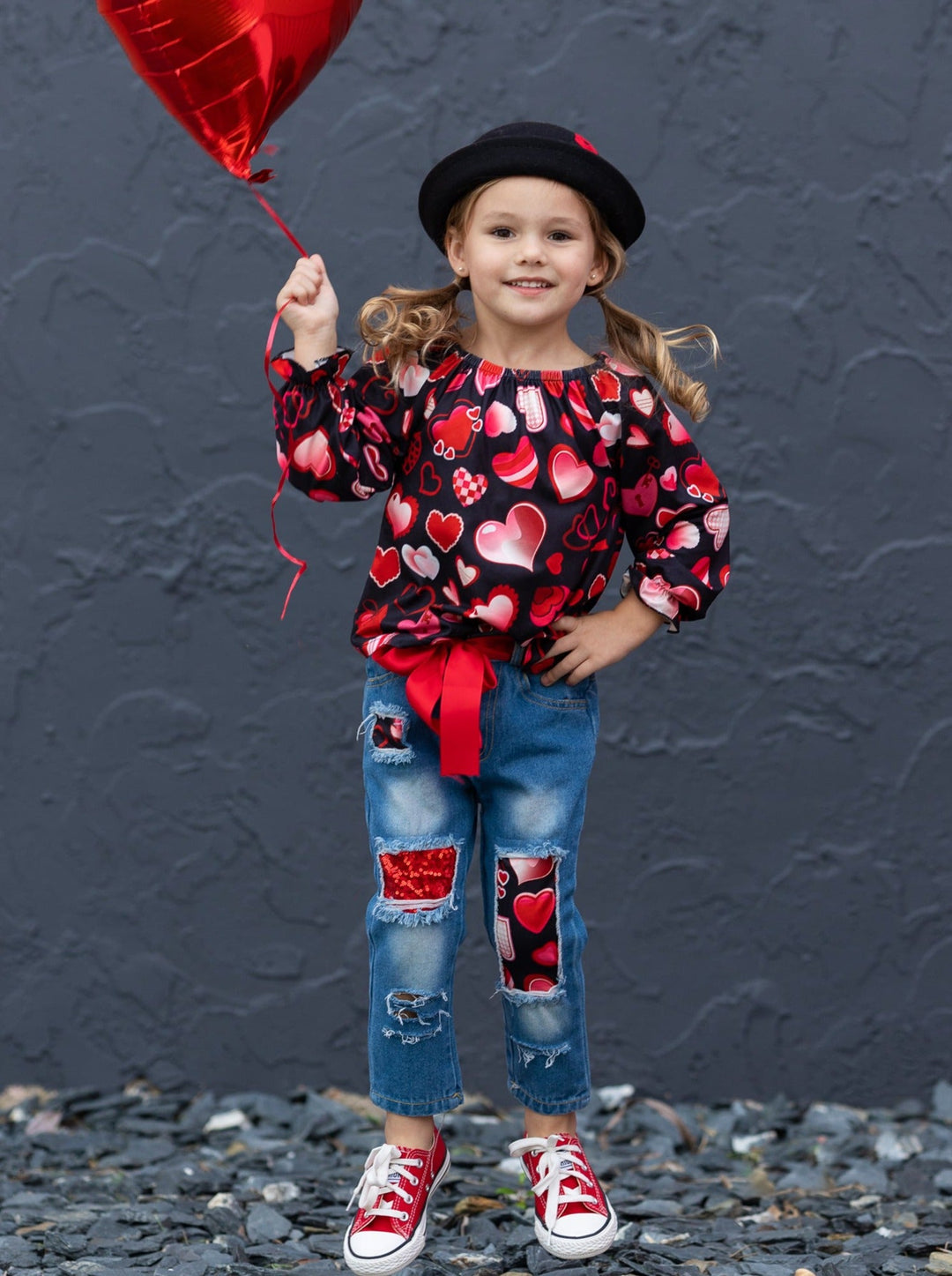 Toddler Valentine's Day Outfit | Girls Heart Print Patched Denim Set 