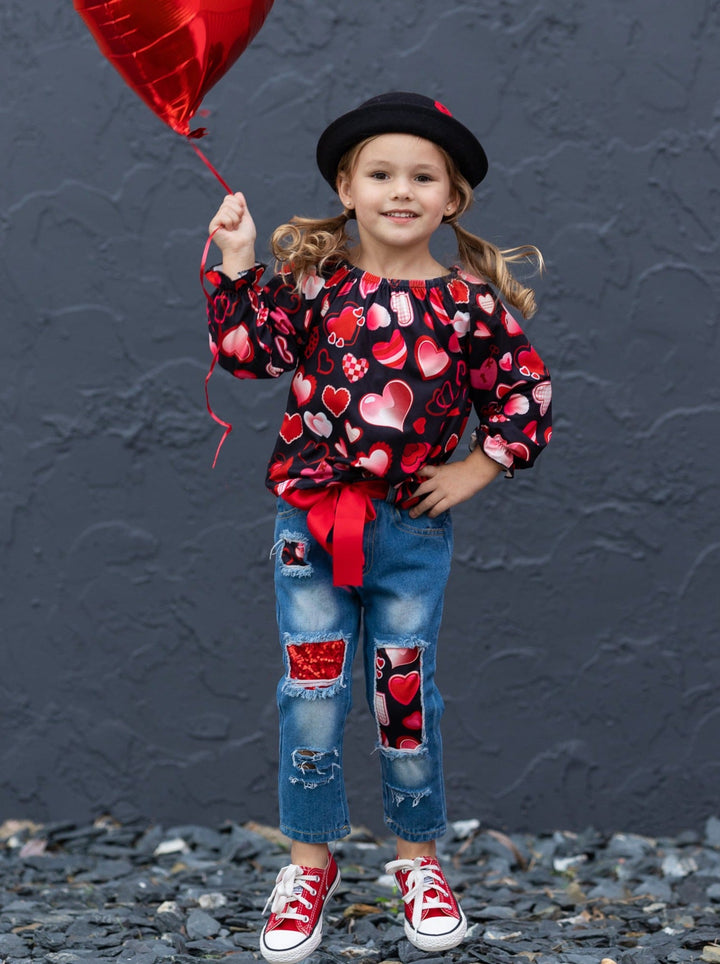 Toddler Valentine's Day Outfit | Girls Heart Print Patched Denim Set 