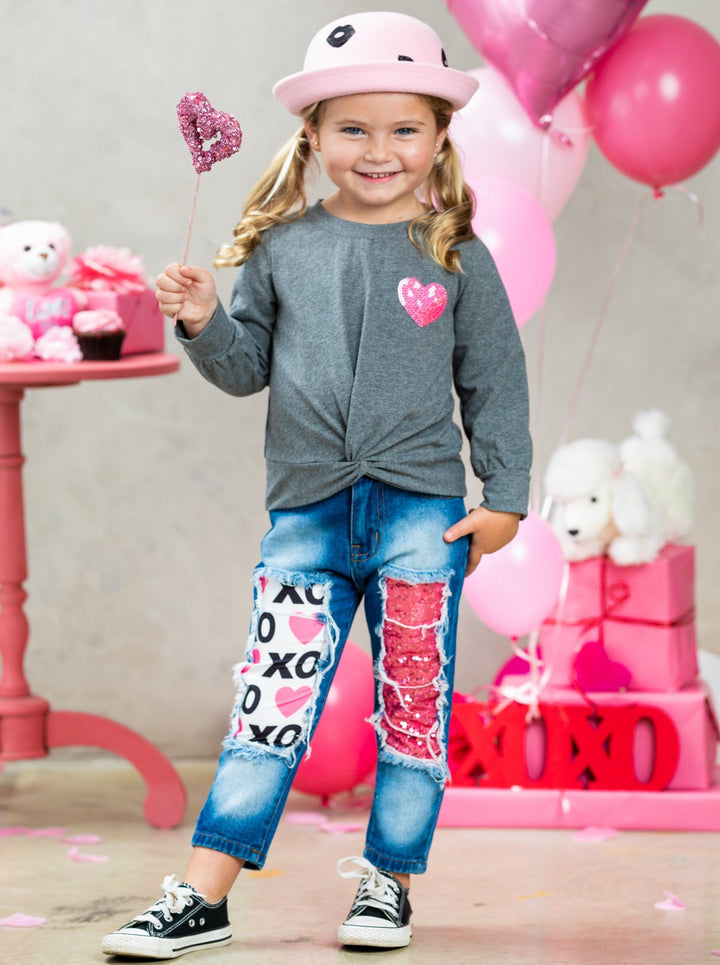 Girls Valentine's Clothes | Knot Hem Top & Sequin Patched Jeans Set