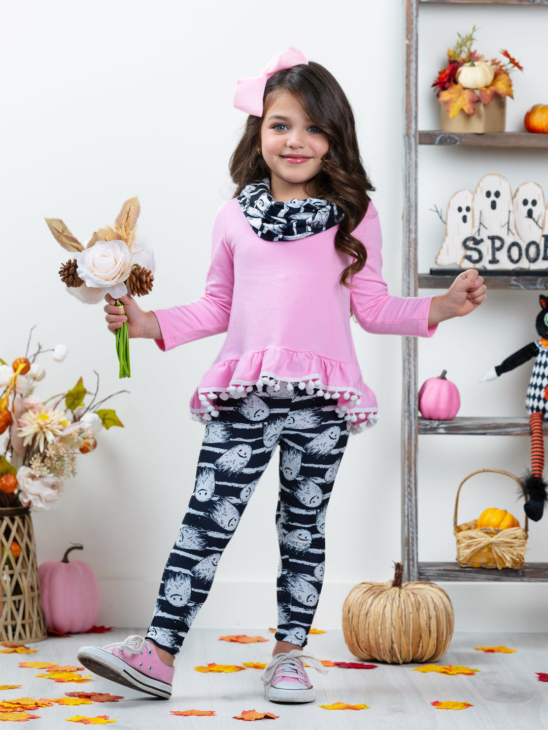 Unspookable Hi-Lo Tunic, Leggings and Scarf Set Mia Belle Girls
