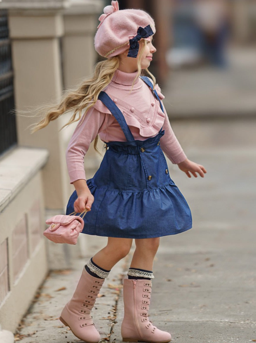 Preppy Chic Outfit | Turtleneck & Overall Skirt Set | Mia Belle Girls