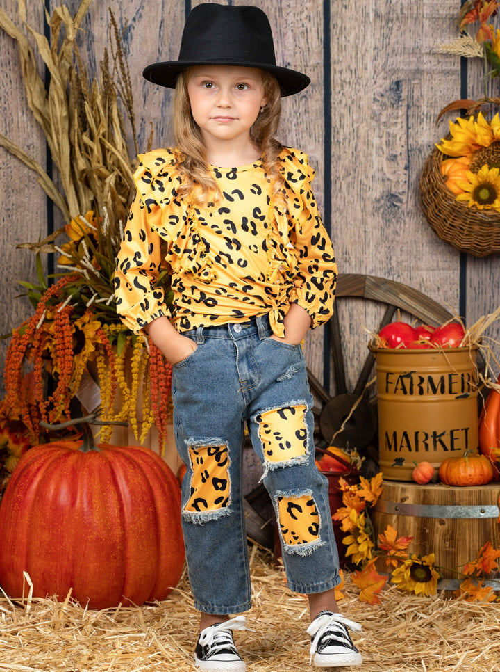 Little girls Fall long-sleeved yellow leopard print top with ruffle shoulders and matching patched jeans - Mia Belle Girls