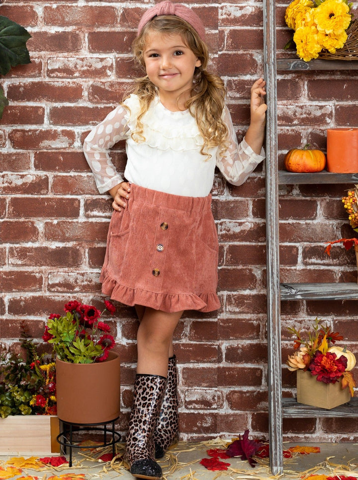 Fall Outfits | Swiss Polka Dot Top & Velvet Skirt Set | Cute Girls Set