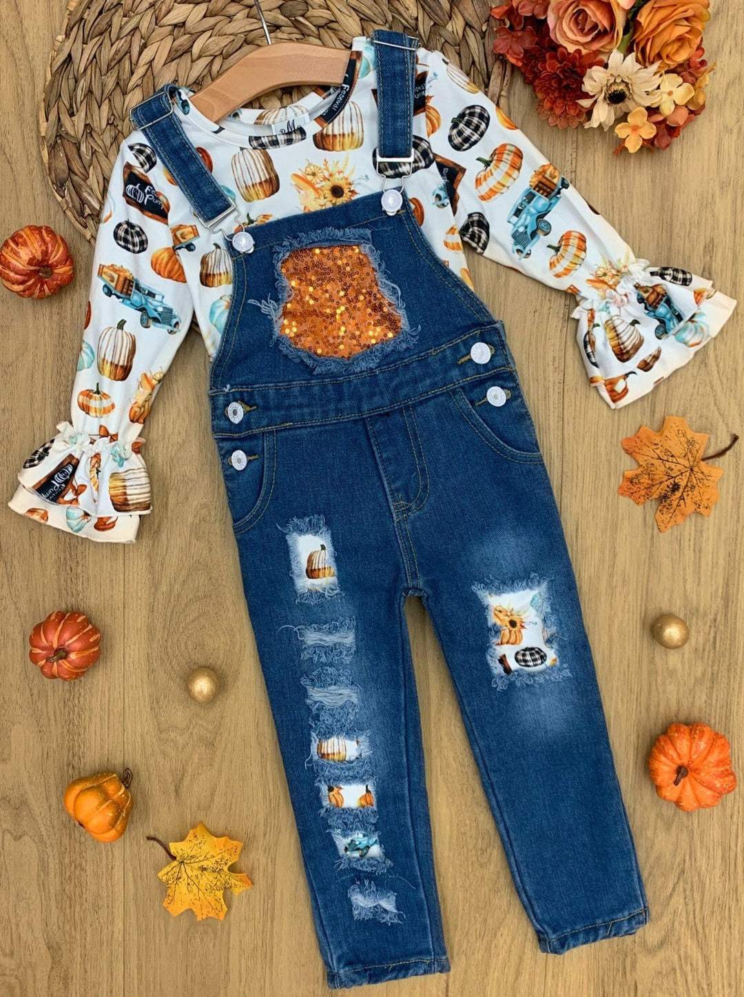 Girls Fall Outfits | Pumpkin Top & Patched Overalls Set - Mia Belle Girls