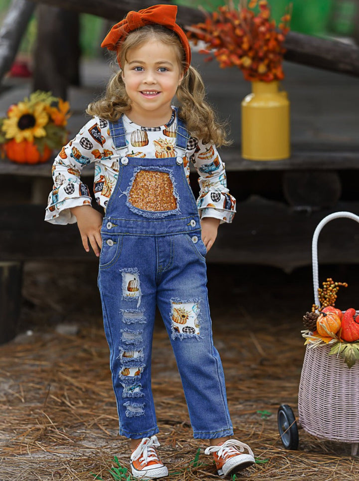 Girls Fall Outfits | Pumpkin Top & Patched Overalls Set - Mia Belle Girls