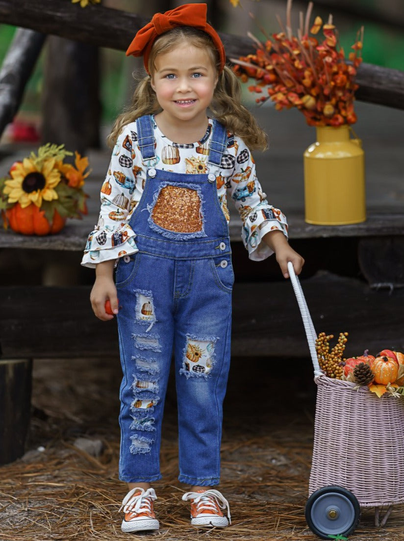 Girls Fall Outfits | Pumpkin Top & Patched Overalls Set - Mia Belle Girls