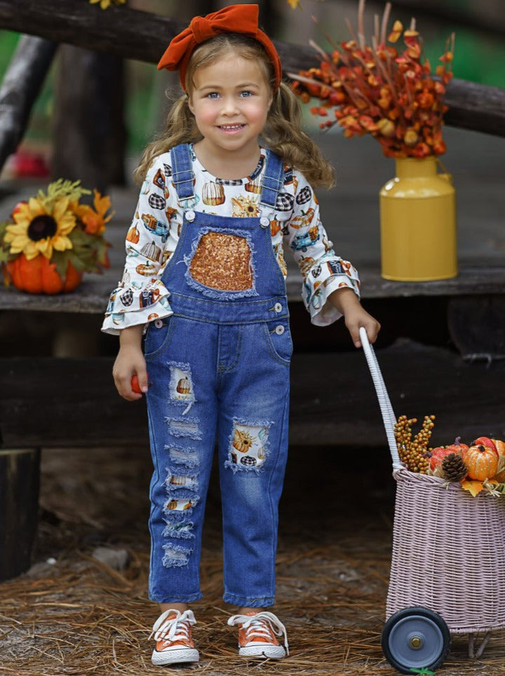 Girls Fall Outfits | Pumpkin Top & Patched Overalls Set - Mia Belle Girls