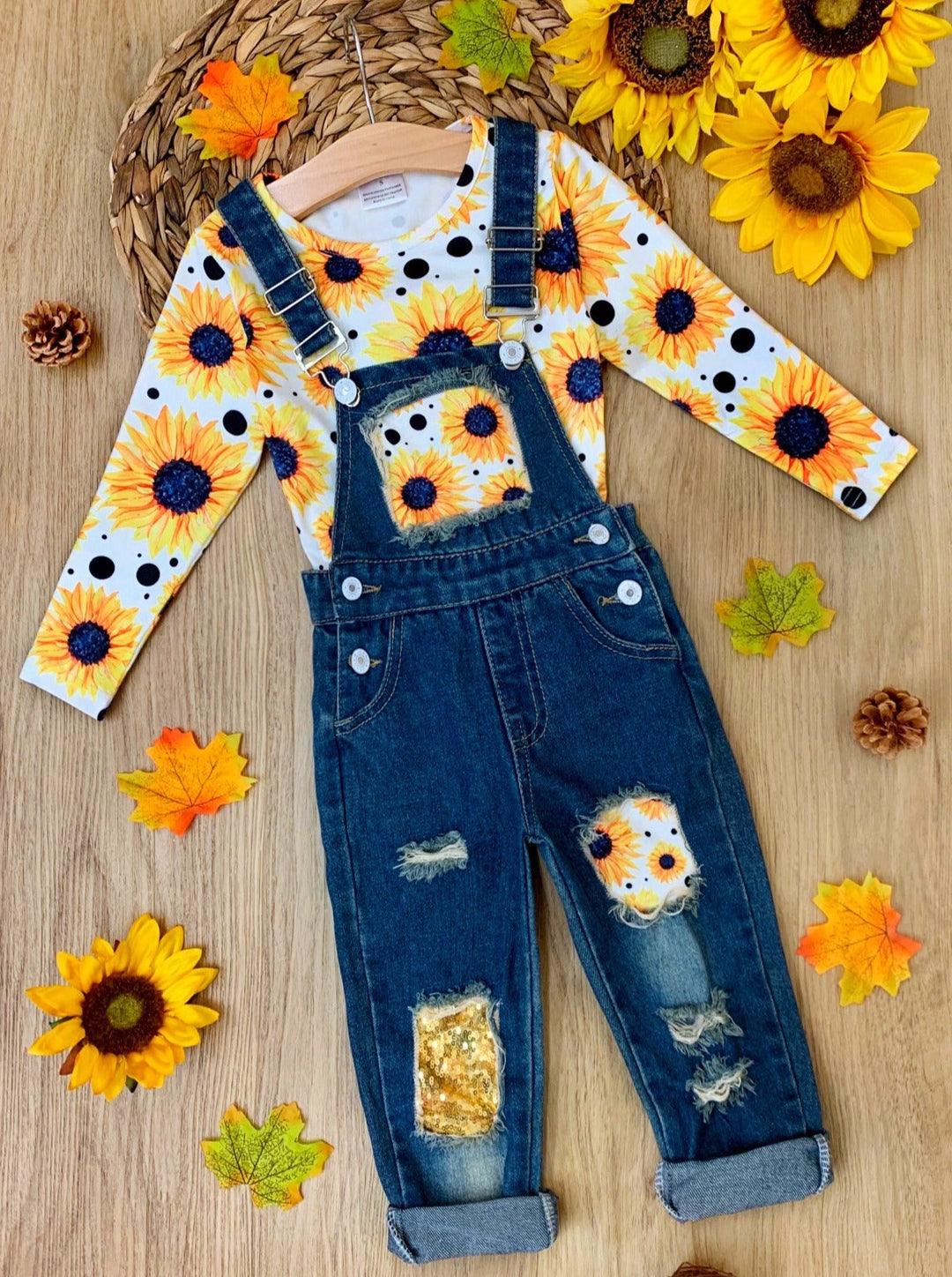 Girls fall long-sleeved sunflower print top and sequin patched denim overalls with adjustable shoulder straps and cuffed hems - Mia Belle Girls