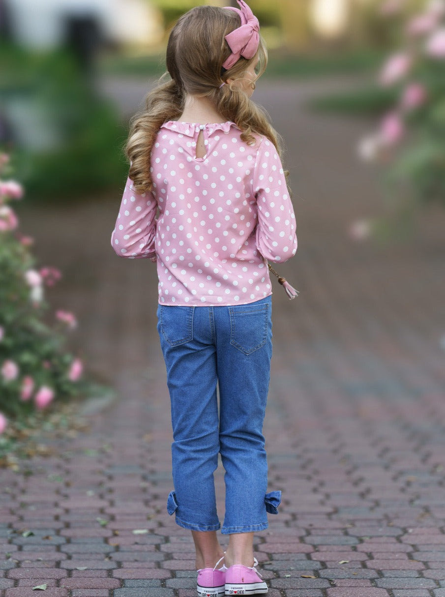 Toddlers Fall Outfits | Girls Ruffle Polka Dot Top & Bow Jeans Set