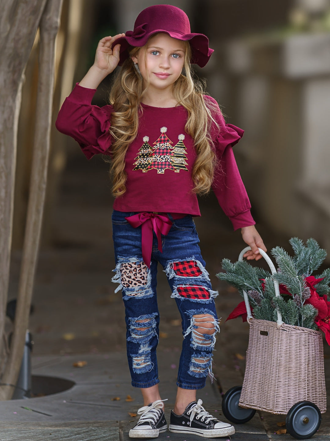 Cute Winter Sets | Girls Ruffle Sleeve Sweatshirt & Patched Jeans Set
