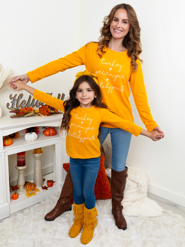 Mommy and Me Turkey + Pecan Pie + Stretchy Pants Long Sleeve Top Mia Belle Girls