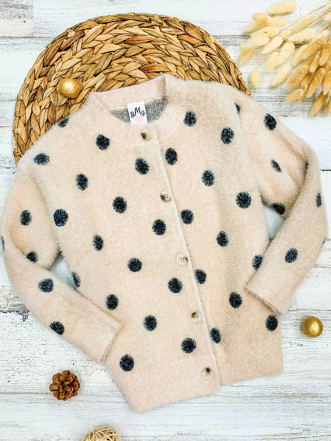 Kids Sweaters | Polka Dot Fuzzy Buttoned Cardigan | Mia Belle Girls