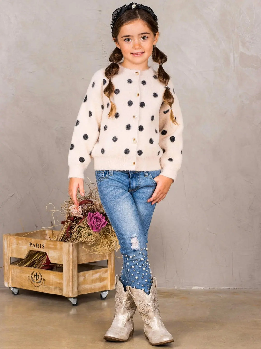 Kids Sweaters | Polka Dot Fuzzy Buttoned Cardigan | Mia Belle Girls