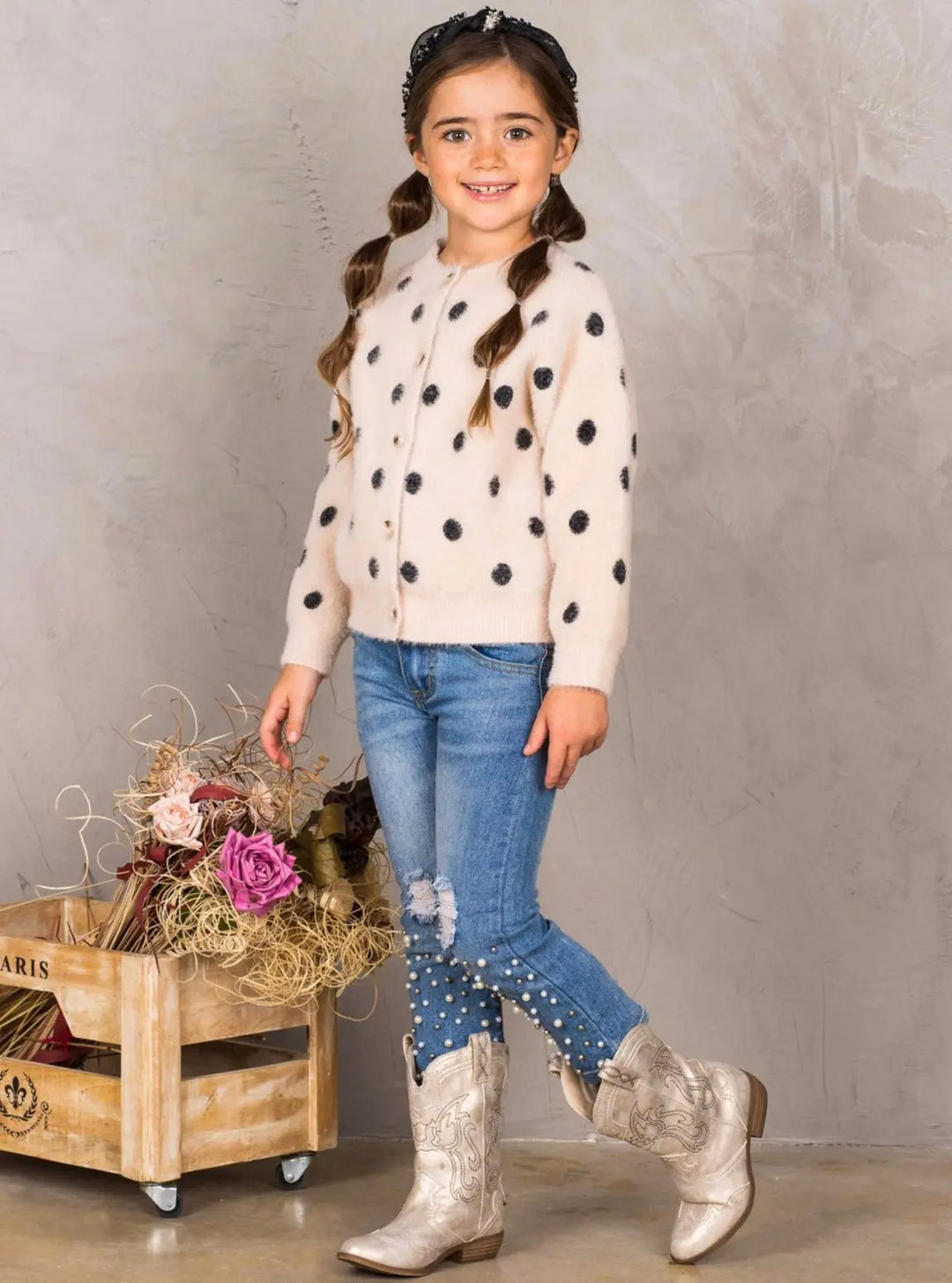 Kids Sweaters | Polka Dot Fuzzy Buttoned Cardigan | Mia Belle Girls