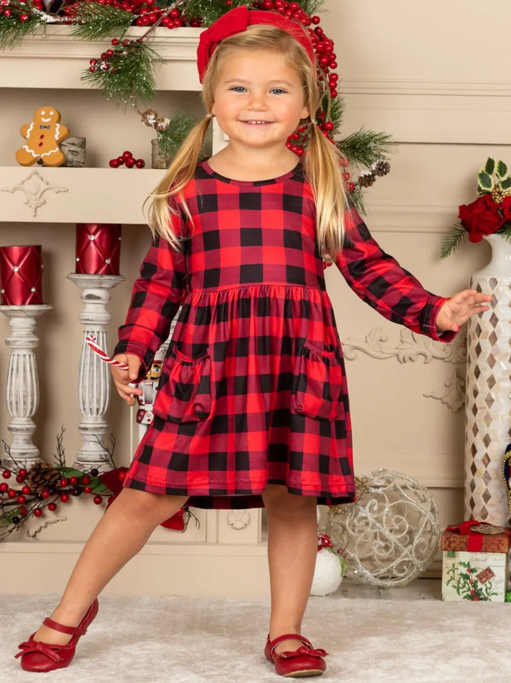 Cute Winter Dresses | Girls Long Sleeve Plaid Pocket A-Line Dress